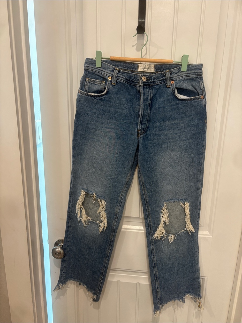 Free People Blue Distressed Straight Jeans